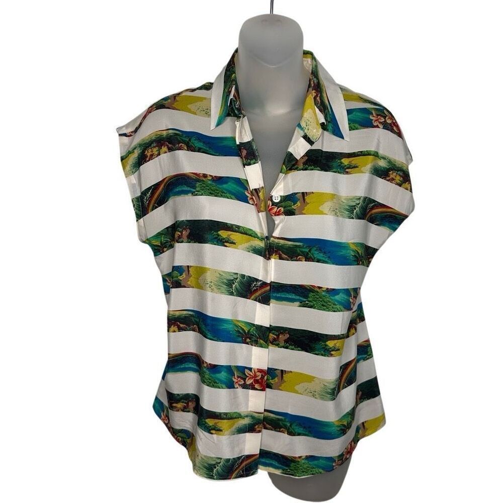 Equipment Femme Tropical Stripe Silk Blouse Button Down Top Short Sleeve Shirt X